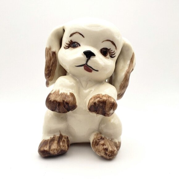 Vintage 50s Handmade Ceramic Sitting Spaniel Dog 4.5" Figurine OOAK Signed VGC - Picture 1 of 9